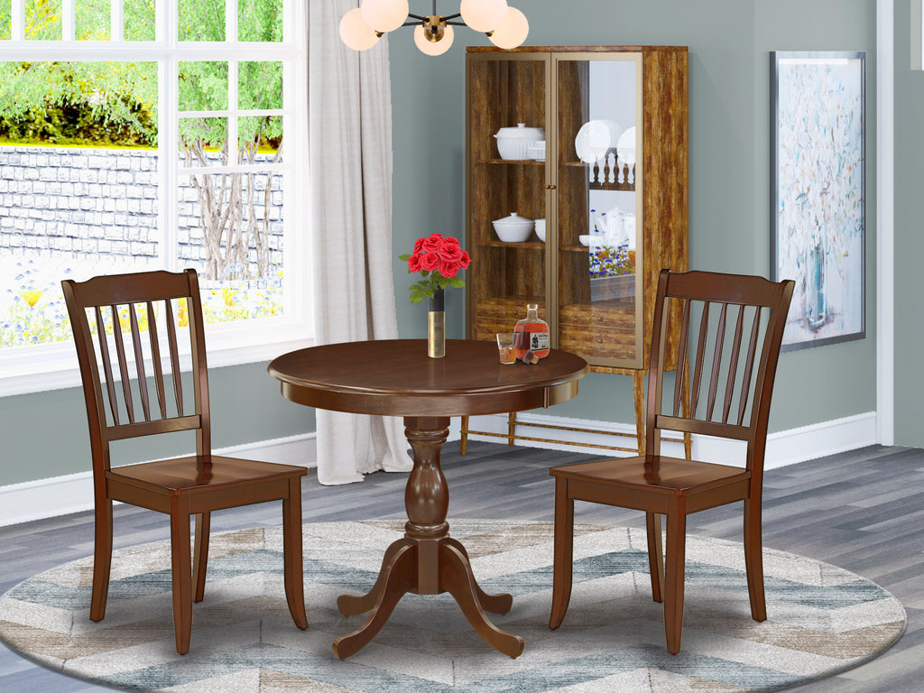 East West Furniture AMDA3-MAH-W 3 Piece Dining Table Set for Small Spaces Contains a Round Kitchen Table with Pedestal and 2 Dining Chairs, 36x36 Inch, Mahogany