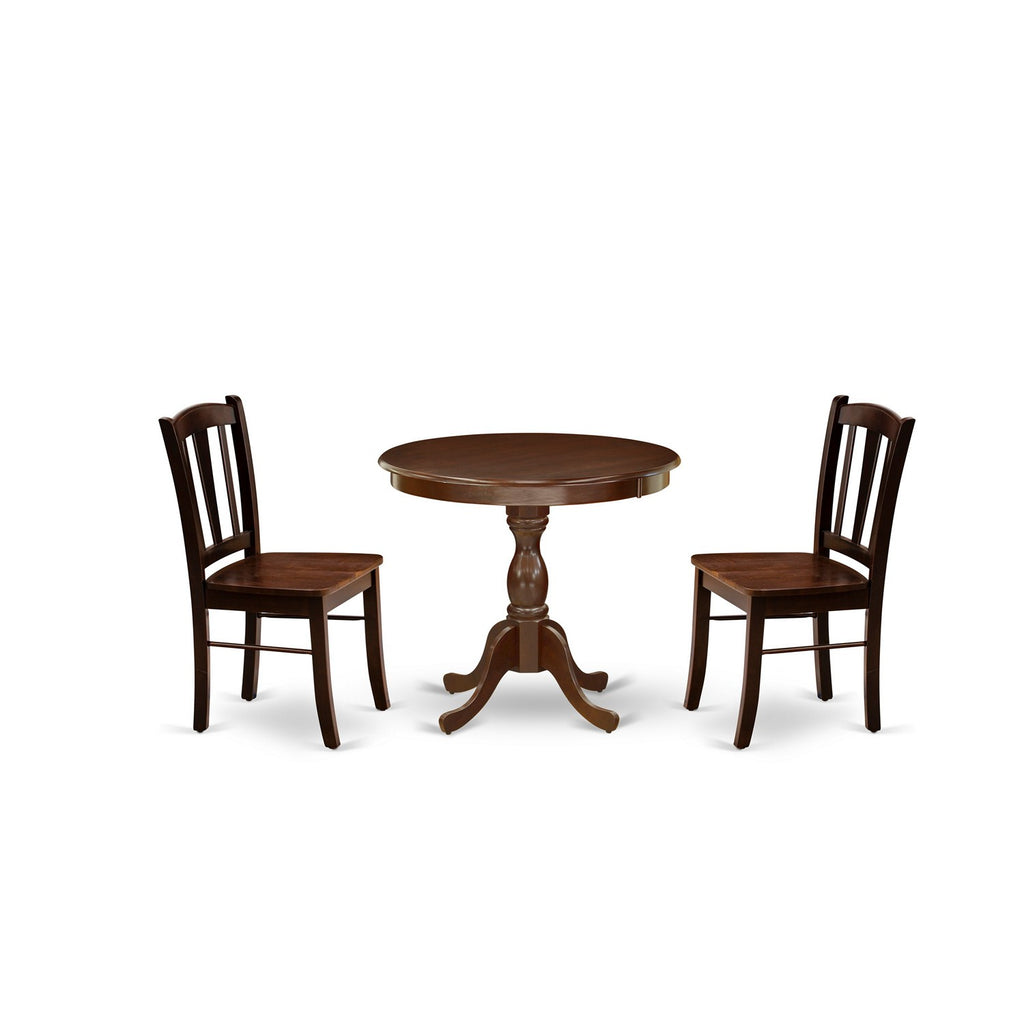 East West Furniture AMDL3-MAH-W 3 Piece Kitchen Table Set for Small Spaces Contains a Round Dining Table with Pedestal and 2 Dining Room Chairs, 36x36 Inch, Mahogany