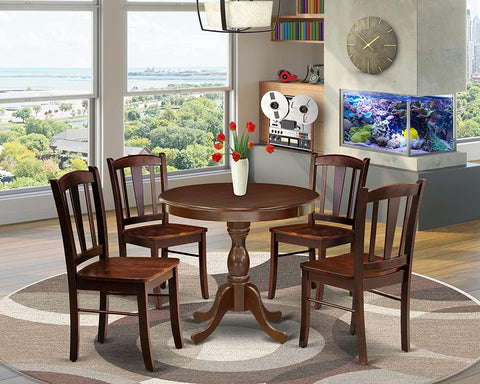 East West Furniture AMDL5-MAH-W 5 Piece Kitchen Table Set for 4 Includes a Round Dining Room Table with Pedestal and 4 Solid Wood Seat Chairs, 36x36 Inch, Mahogany