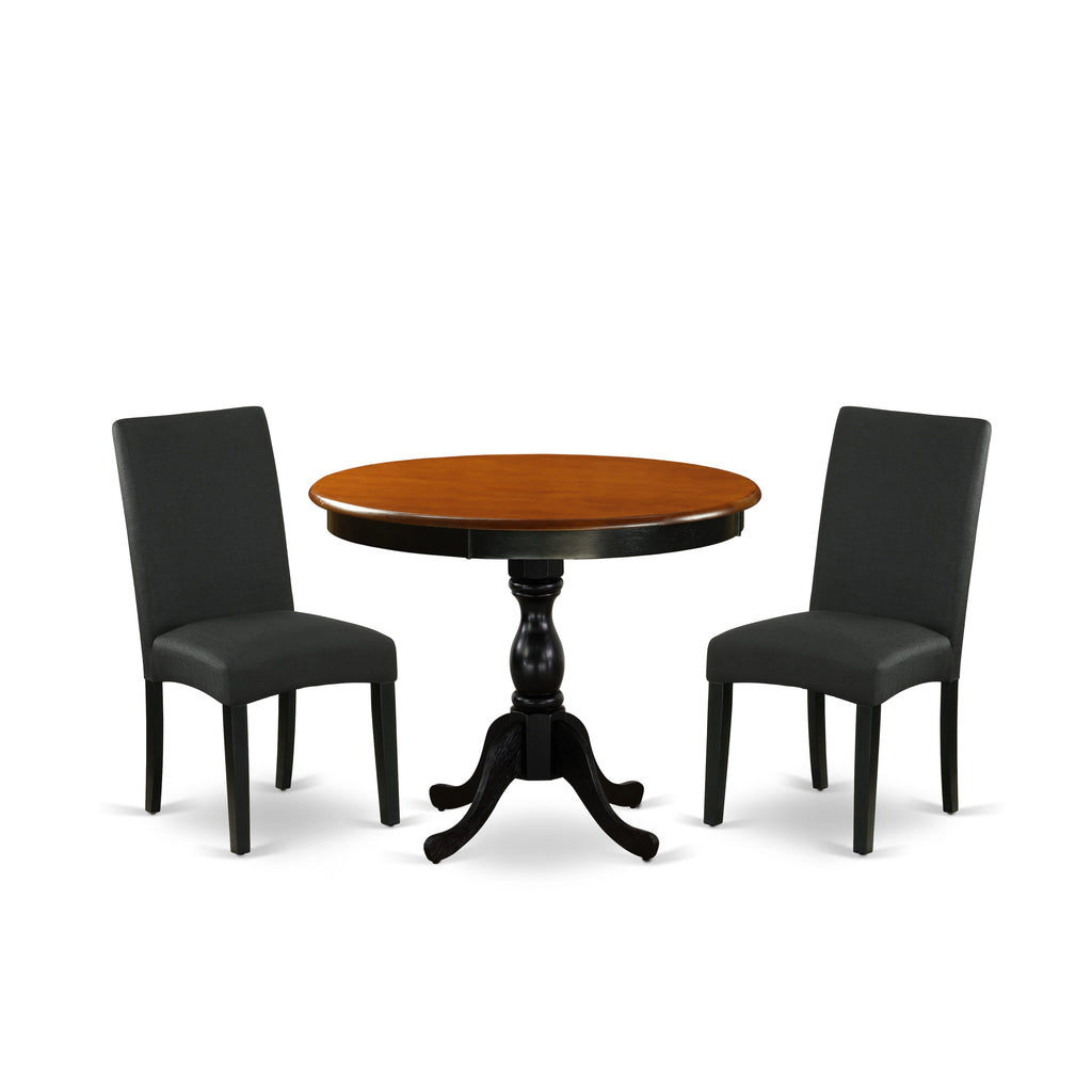 East West Furniture AMDR3-BCH-24 3 Piece Kitchen Table & Chairs Set Contains a Round Dining Room Table with Pedestal and 2 Black Color Linen Fabric Parson Chairs, 36x36 Inch, Black & Cherry