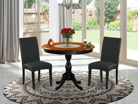 East West Furniture AMDR3-BCH-24 3 Piece Kitchen Table & Chairs Set Contains a Round Dining Room Table with Pedestal and 2 Black Color Linen Fabric Parson Chairs, 36x36 Inch, Black & Cherry