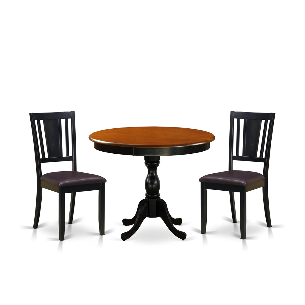 East West Furniture AMDU3-BCH-LC 3 Piece Dinette Set for Small Spaces Contains a Round Kitchen Table with Pedestal and 2 Faux Leather Dining Room Chairs, 36x36 Inch, Black & Cherry