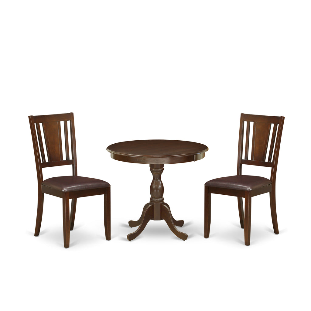 East West Furniture AMDU3-MAH-LC 3 Piece Modern Dining Table Set Contains a Round Kitchen Table with Pedestal and 2 Faux Leather Dining Room Chairs, 36x36 Inch, Mahogany