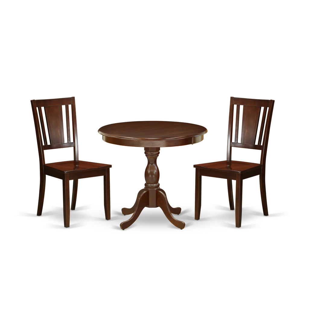 East West Furniture AMDU3-MAH-W 3 Piece Dining Set Contains a Round Dining Room Table with Pedestal and 2 Wood Seat Chairs, 36x36 Inch, Mahogany