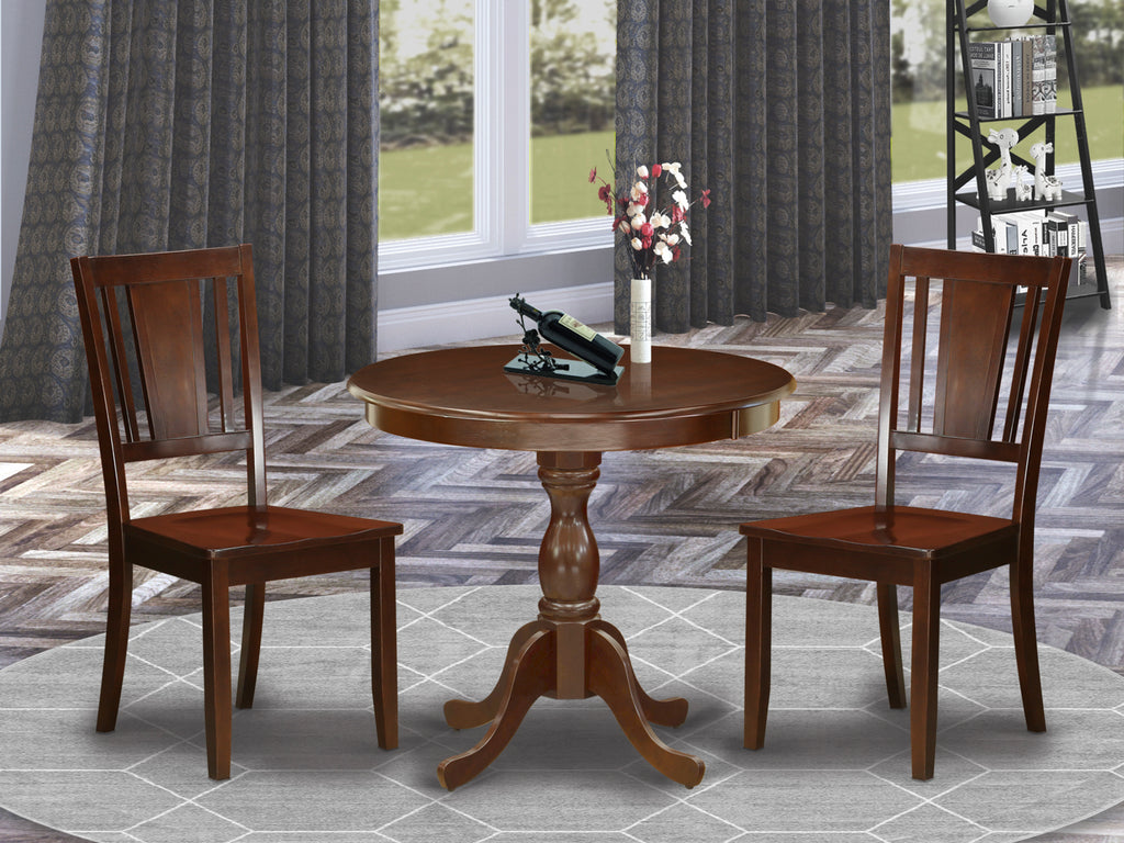 East West Furniture AMDU3-MAH-W 3 Piece Dining Set Contains a Round Dining Room Table with Pedestal and 2 Wood Seat Chairs, 36x36 Inch, Mahogany