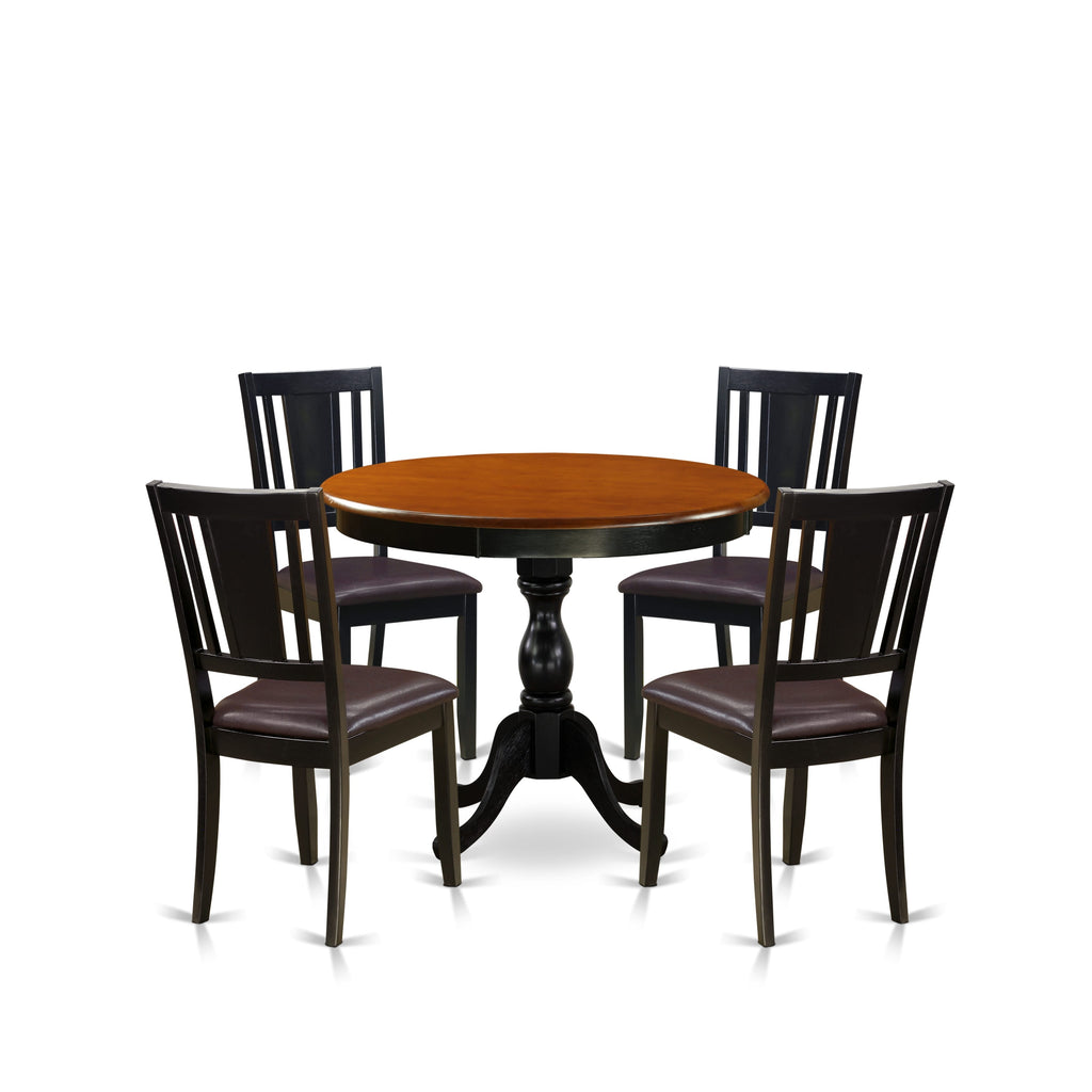 East West Furniture AMDU5-BCH-LC 5 Piece Dining Room Table Set Includes a Round Wooden Table with Pedestal and 4 Faux Leather Kitchen Dining Chairs, 36x36 Inch, Black & Cherry