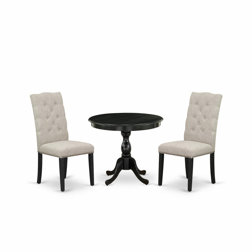 East West Furniture AMEL3-ABK-35 3 Piece Kitchen Table & Chairs Set Contains a Round Dining Room Table with Pedestal and 2 Doeskin Linen Fabric Upholstered Chairs, 36x36 Inch, Wirebrushed Black