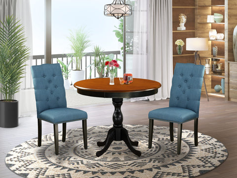 East West Furniture AMEL3-BCH-21 3 Piece Dining Set Contains a Round Kitchen Table with Pedestal and 2 Blue Linen Fabric Parsons Dining Chairs, 36x36 Inch, Black & Cherry