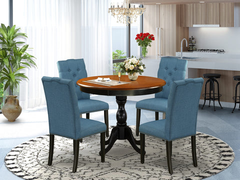 East West Furniture AMEL5-BCH-21 5 Piece Dinette Set for 4 Includes a Round Kitchen Table with Pedestal and 4 Blue Linen Fabric Upholstered Parson Chairs, 36x36 Inch, Black & Cherry