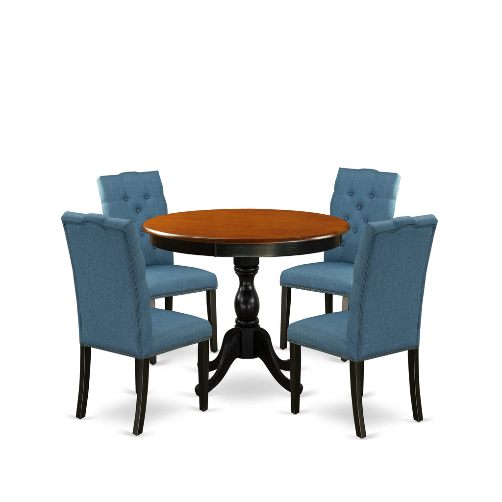 East West Furniture AMEL5-BCH-21 5 Piece Dinette Set for 4 Includes a Round Kitchen Table with Pedestal and 4 Blue Linen Fabric Upholstered Parson Chairs, 36x36 Inch, Black & Cherry
