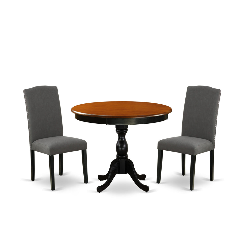 East West Furniture AMEN3-BCH-20 3 Piece Dining Table Set Contains a Round Dining Room Table with Pedestal and 2 Dark Gotham Linen Fabric Upholstered Chairs, 36x36 Inch, Black & Cherry