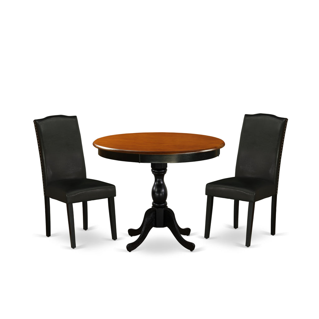 East West Furniture AMEN3-BCH-69 3 Piece Dining Set Contains a Round Kitchen Table with Pedestal and 2 Black Faux Leather Parsons Dining Chairs, 36x36 Inch, Black & Cherry