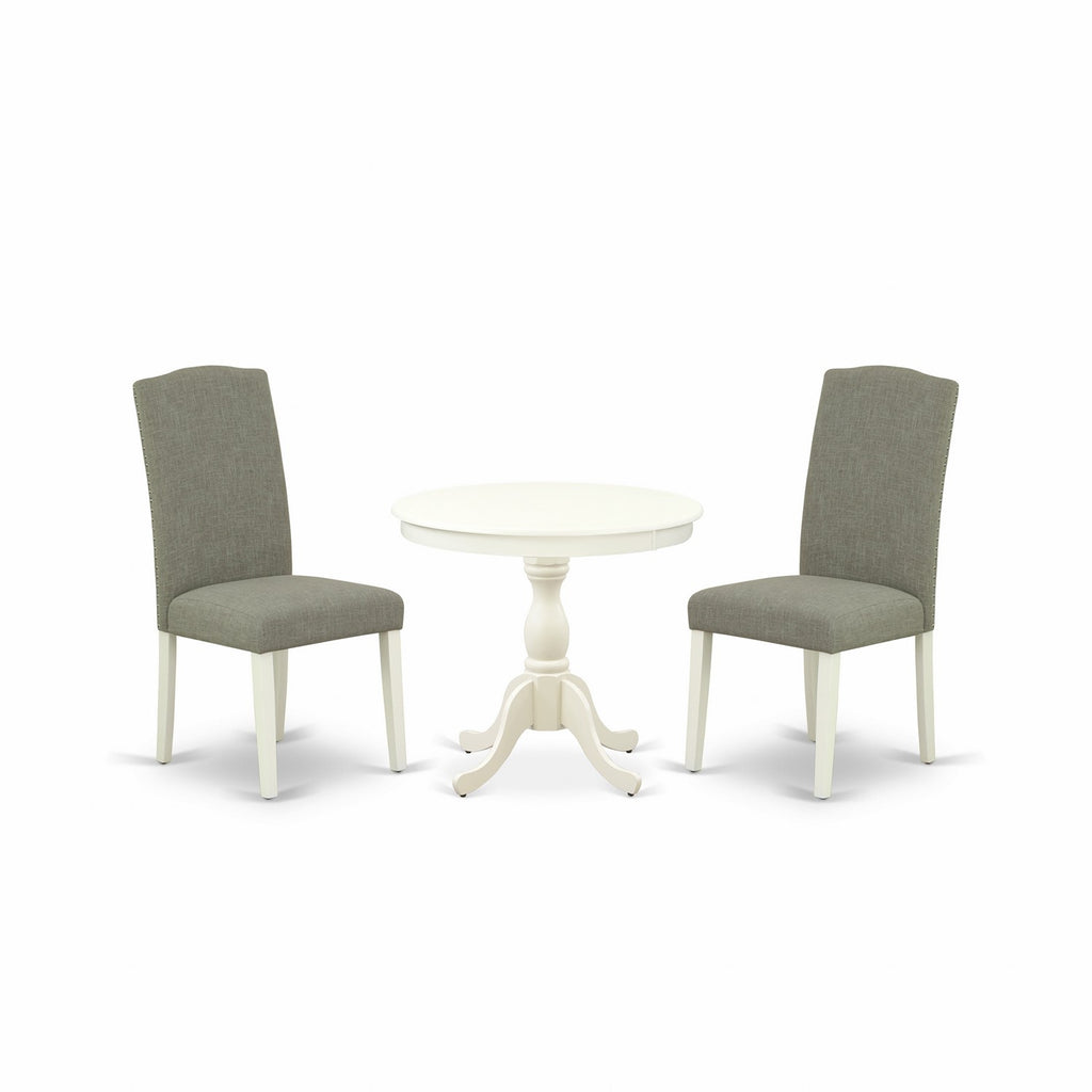 East West Furniture AMEN3-LWH-06 3 Piece Dining Set Contains a Round Kitchen Table with Pedestal and 2 Dark Shitake Linen Fabric Parsons Dining Chairs, 36x36 Inch, Linen White