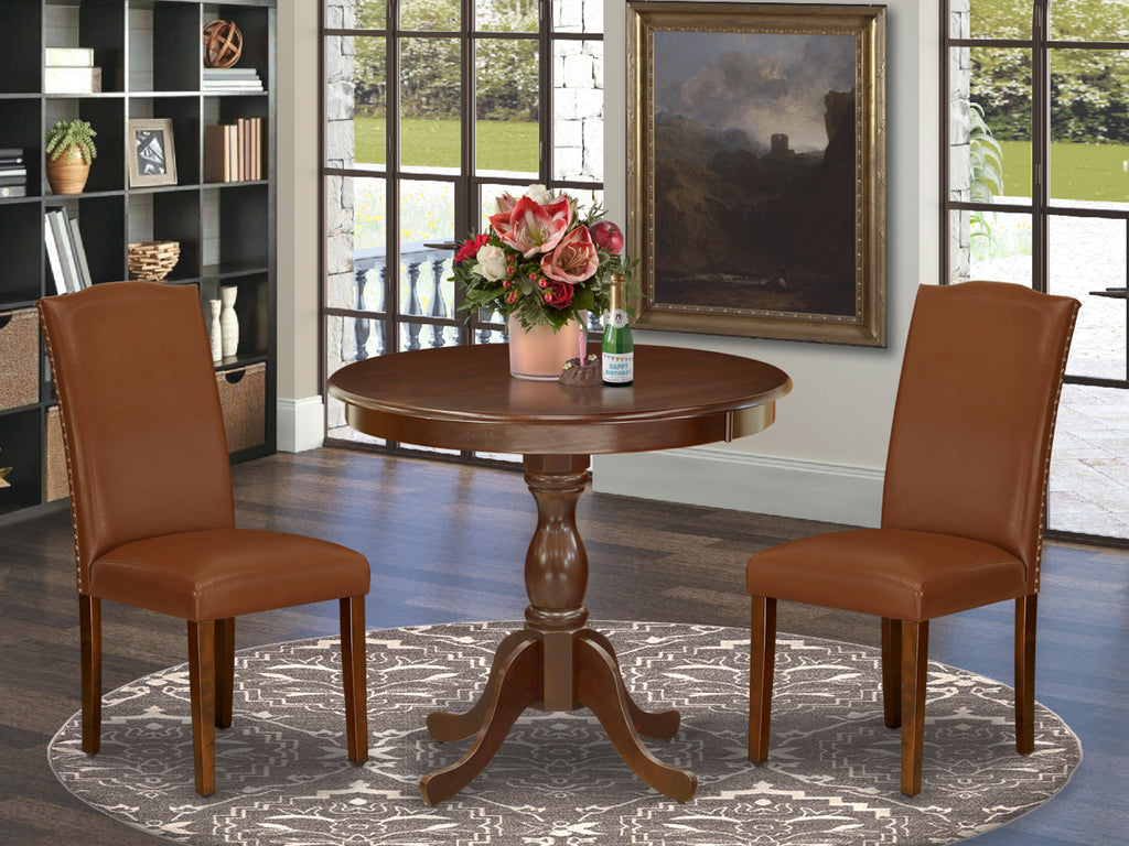 East West Furniture AMEN3-MAH-66 3 Piece Dining Table Set for Small Spaces Contains a Round Kitchen Table with Pedestal and 2 Brown Faux Faux Leather Parson Chairs, 36x36 Inch, Mahogany