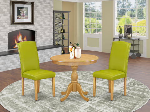 East West Furniture AMEN3-OAK-51 3 Piece Dining Set Contains a Round Dining Room Table with Pedestal and 2 Autumn Green Faux Leather Upholstered Parson Chairs, 36x36 Inch, Oak