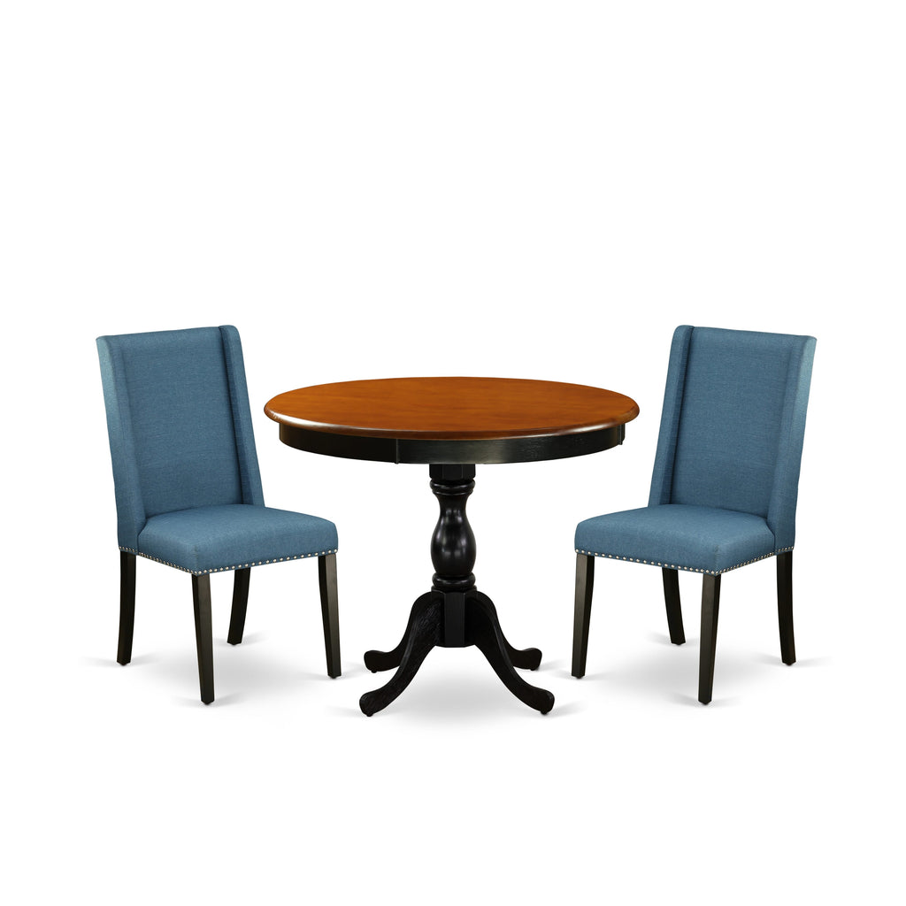 East West Furniture AMFL3-BCH-21 3 Piece Modern Dining Table Set Contains a Round Kitchen Table with Pedestal and 2 Blue Linen Fabric Upholstered Parson Chairs, 36x36 Inch, Black & Cherry