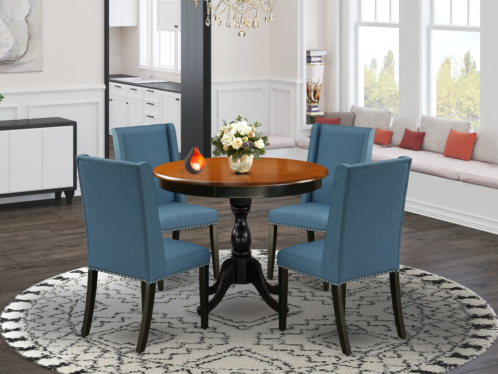 East West Furniture AMFL5-BCH-21 5 Piece Kitchen Table & Chairs Set Includes a Round Dining Room Table with Pedestal and 4 Blue Linen Fabric Parson Dining Chairs, 36x36 Inch, Black & Cherry