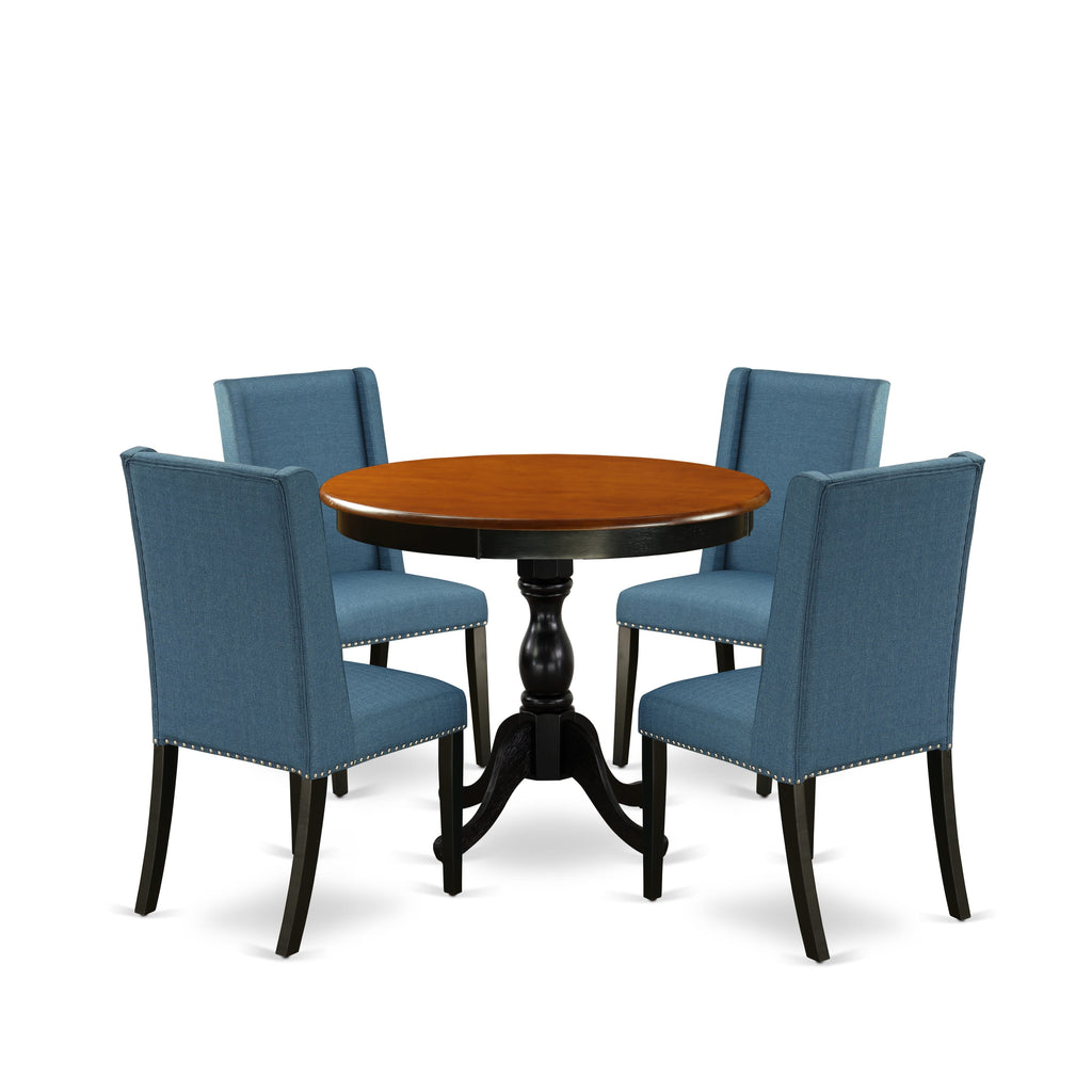East West Furniture AMFL5-BCH-21 5 Piece Kitchen Table & Chairs Set Includes a Round Dining Room Table with Pedestal and 4 Blue Linen Fabric Parson Dining Chairs, 36x36 Inch, Black & Cherry