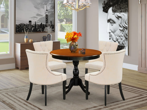 East West Furniture AMFR5-BCH-02 5 Piece Dining Set Includes a Round Kitchen Table with Pedestal and 4 Light Beige Linen Fabric Parson Dining Chairs, 36x36 Inch, Black & Cherry