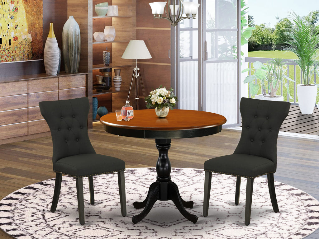 East West Furniture AMGA3-BCH-24 3 Piece Modern Dining Table Set Contains a Round Kitchen Table with Pedestal and 2 Black Linen Fabric Upholstered Parson Chairs, 36x36 Inch, Black & Cherry
