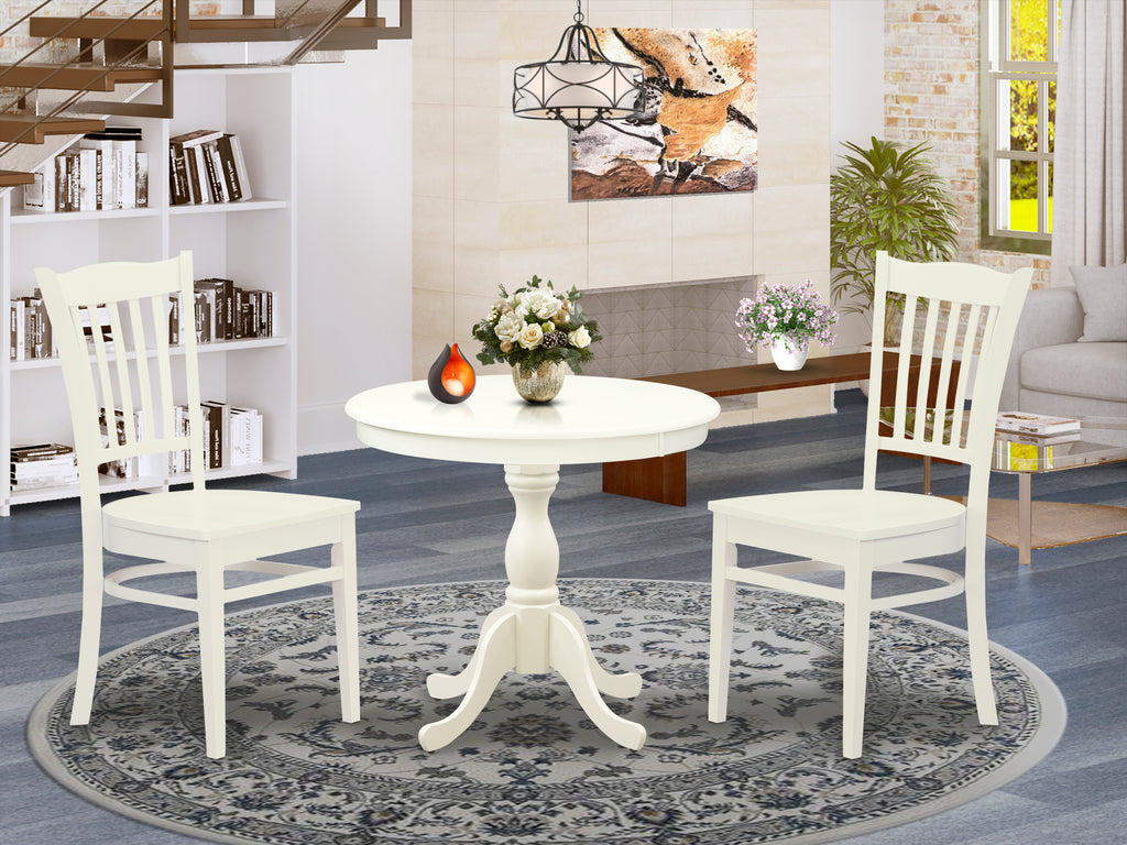 East West Furniture AMGR3-LWH-W 3 Piece Dinette Set for Small Spaces Contains a Round Kitchen Table with Pedestal and 2 Dining Room Chairs, 36x36 Inch, Linen White