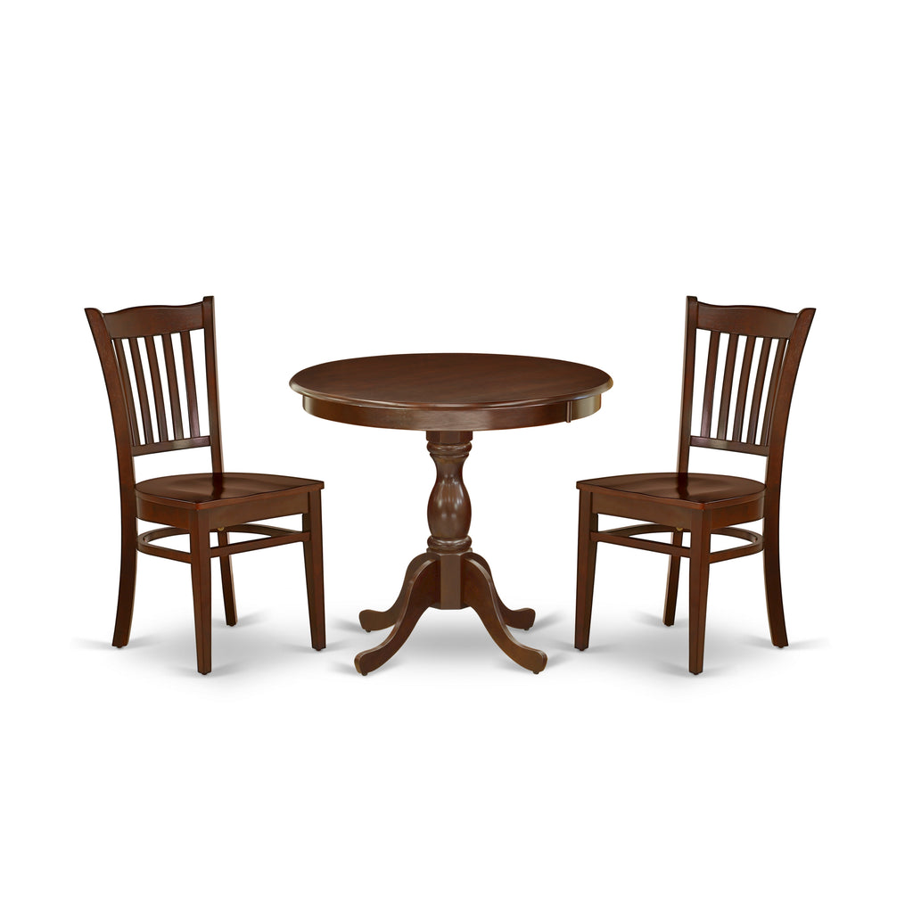 East West Furniture AMGR3-MAH-W 3 Piece Dining Set Contains a Round Dining Room Table with Pedestal and 2 Wood Seat Chairs, 36x36 Inch, Mahogany