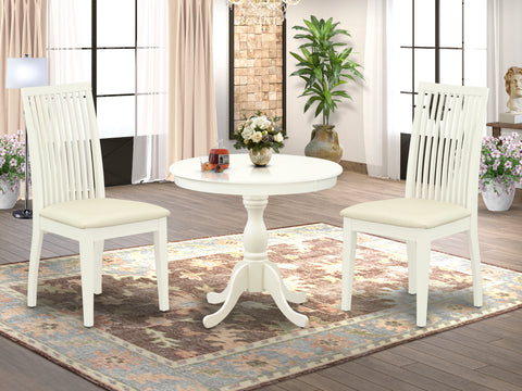 East West Furniture AMIP3-LWH-C 3 Piece Dining Set Contains a Round Dining Room Table with Pedestal and 2 Linen Fabric Upholstered Chairs, 36x36 Inch, Linen White