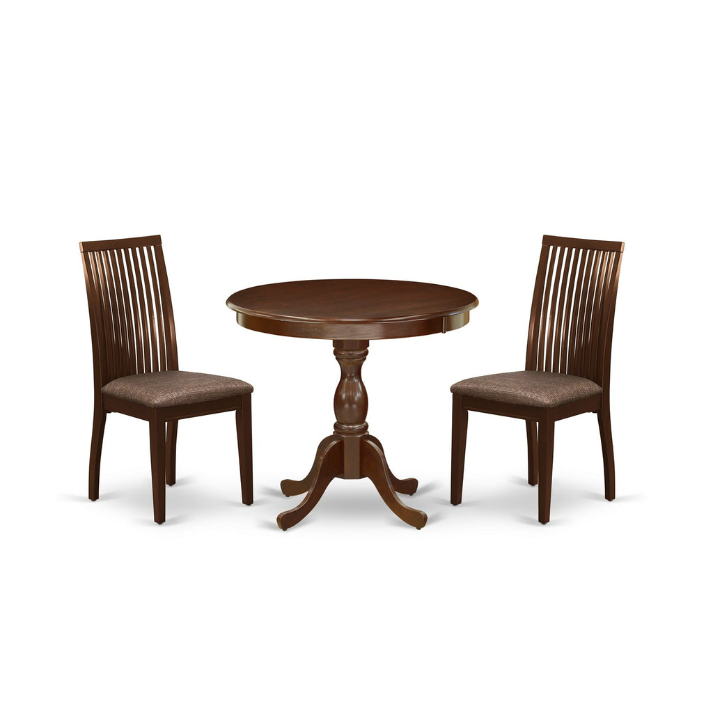 East West Furniture AMIP3-MAH-C 3 Piece Kitchen Table & Chairs Set Contains a Round Dining Room Table with Pedestal and 2 Linen Fabric Upholstered Chairs, 36x36 Inch, Mahogany