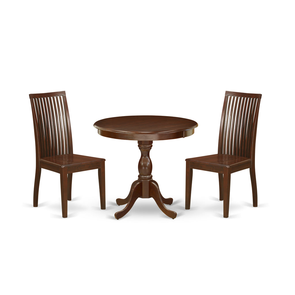 East West Furniture AMIP3-MAH-W 3 Piece Dining Table Set for Small Spaces Contains a Round Kitchen Table with Pedestal and 2 Kitchen Dining Chairs, 36x36 Inch, Mahogany