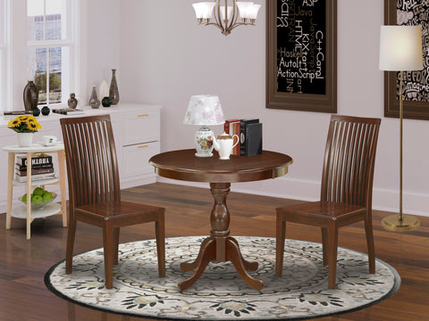 East West Furniture AMIP3-MAH-W 3 Piece Dining Table Set for Small Spaces Contains a Round Kitchen Table with Pedestal and 2 Kitchen Dining Chairs, 36x36 Inch, Mahogany