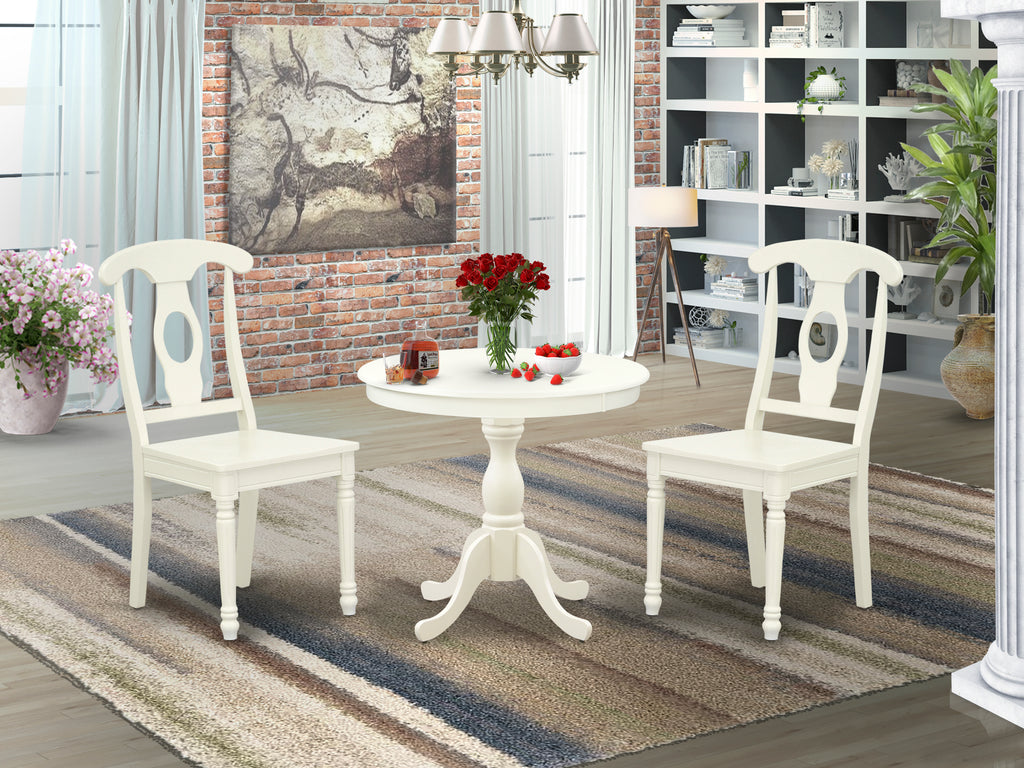 East West Furniture AMKE3-LWH-W 3 Piece Dining Table Set for Small Spaces Contains a Round Kitchen Table with Pedestal and 2 Kitchen Dining Chairs, 36x36 Inch, Linen White