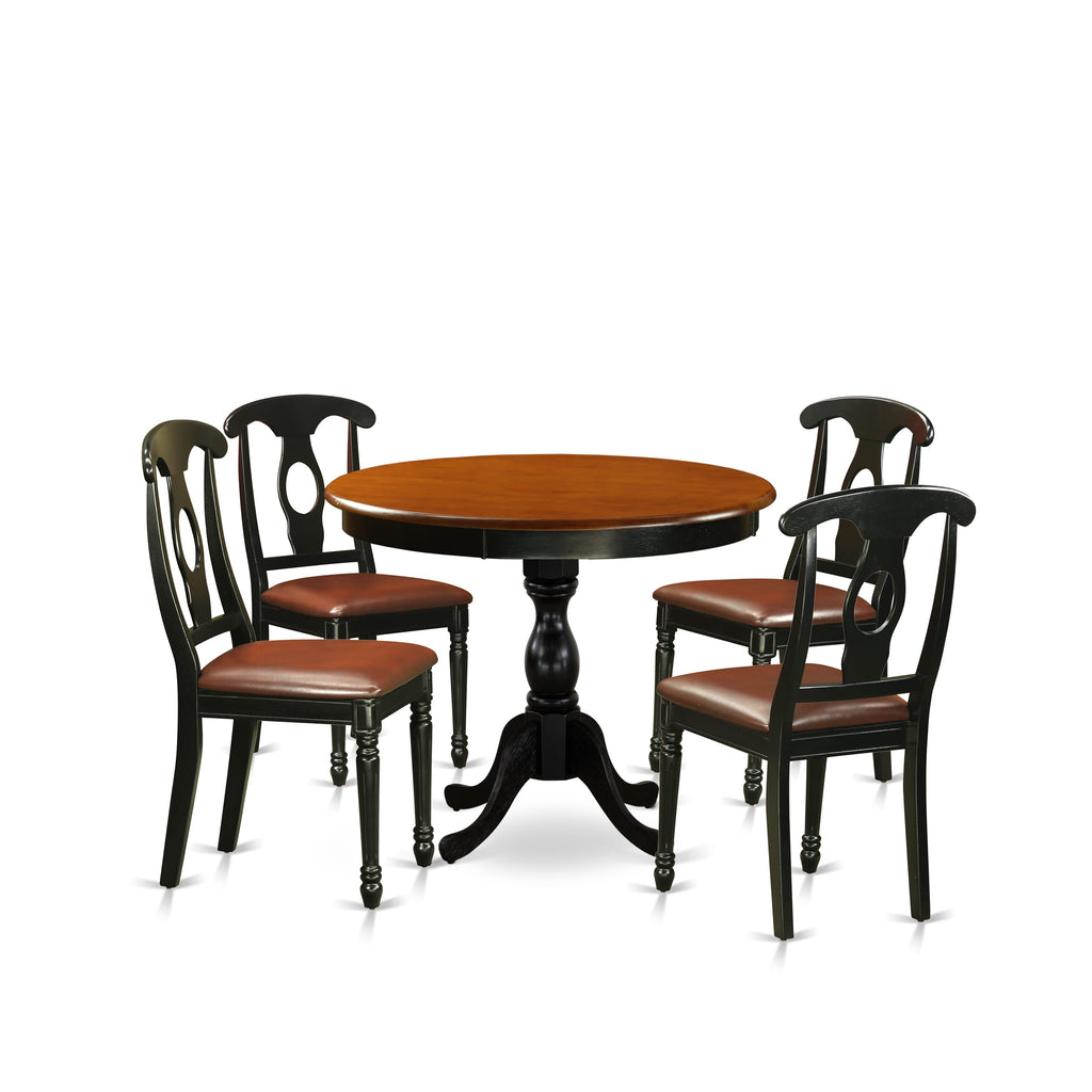 East West Furniture AMKE5-BCH-LC 5 Piece Dining Table Set for 4 Includes a Round Kitchen Table with Pedestal and 4 Faux Leather Kitchen Dining Chairs, 36x36 Inch, Black & Cherry