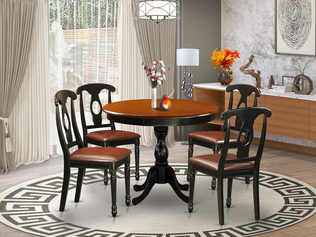 East West Furniture AMKE5-BCH-LC 5 Piece Dining Table Set for 4 Includes a Round Kitchen Table with Pedestal and 4 Faux Leather Kitchen Dining Chairs, 36x36 Inch, Black & Cherry