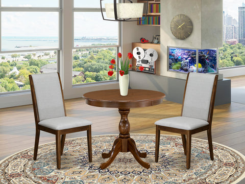 East West Furniture AMLA3-AWA-05 3 Piece Kitchen Table & Chairs Set Contains a Round Dining Room Table with Pedestal and 2 Grey Linen Fabric Parson Dining Chairs, 36x36 Inch, Walnut
