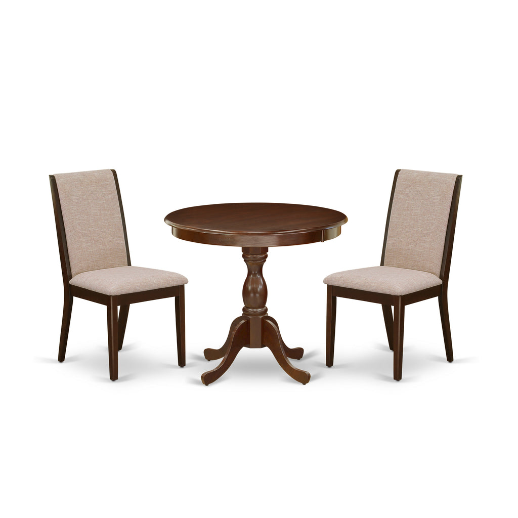 East West Furniture AMLA3-MAH-04 3 Piece Dining Set Contains a Round Dining Room Table with Pedestal and 2 Light Tan Linen Fabric Upholstered Parson Chairs, 36x36 Inch, Mahogany