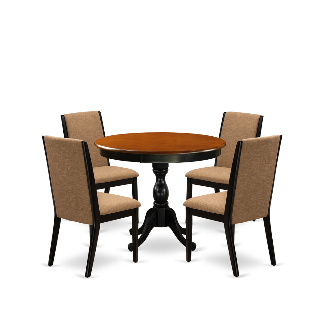 East West Furniture AMLA5-BCH-47 5 Piece Dining Set Includes a Round Kitchen Table with Pedestal and 4 Light Sable Linen Fabric Parson Dining Room Chairs, 36x36 Inch, Black & Cherry