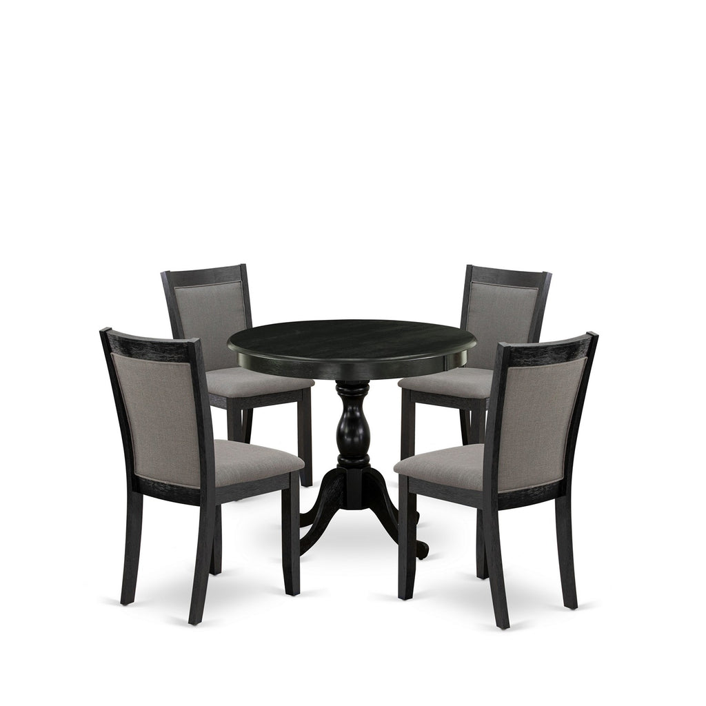 East West Furniture AMMZ5-AB6-50 5 Piece Dinette Set Includes a Round Kitchen Table with Pedestal and 4 Dark Gotham Grey Linen Fabric Upholstered Parson Chairs, 36x36 Inch, Wirebrushed Black