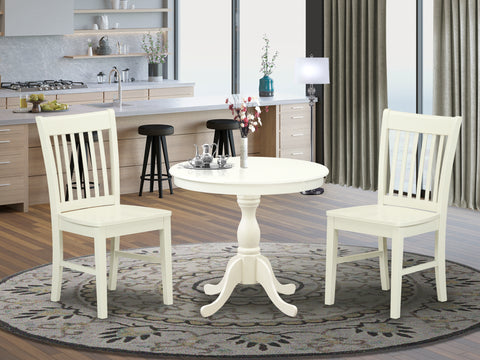 East West Furniture AMNF3-LWH-W 3 Piece Dining Table Set for Small Spaces Contains a Round Kitchen Table with Pedestal and 2 Kitchen Dining Chairs, 36x36 Inch, Linen White
