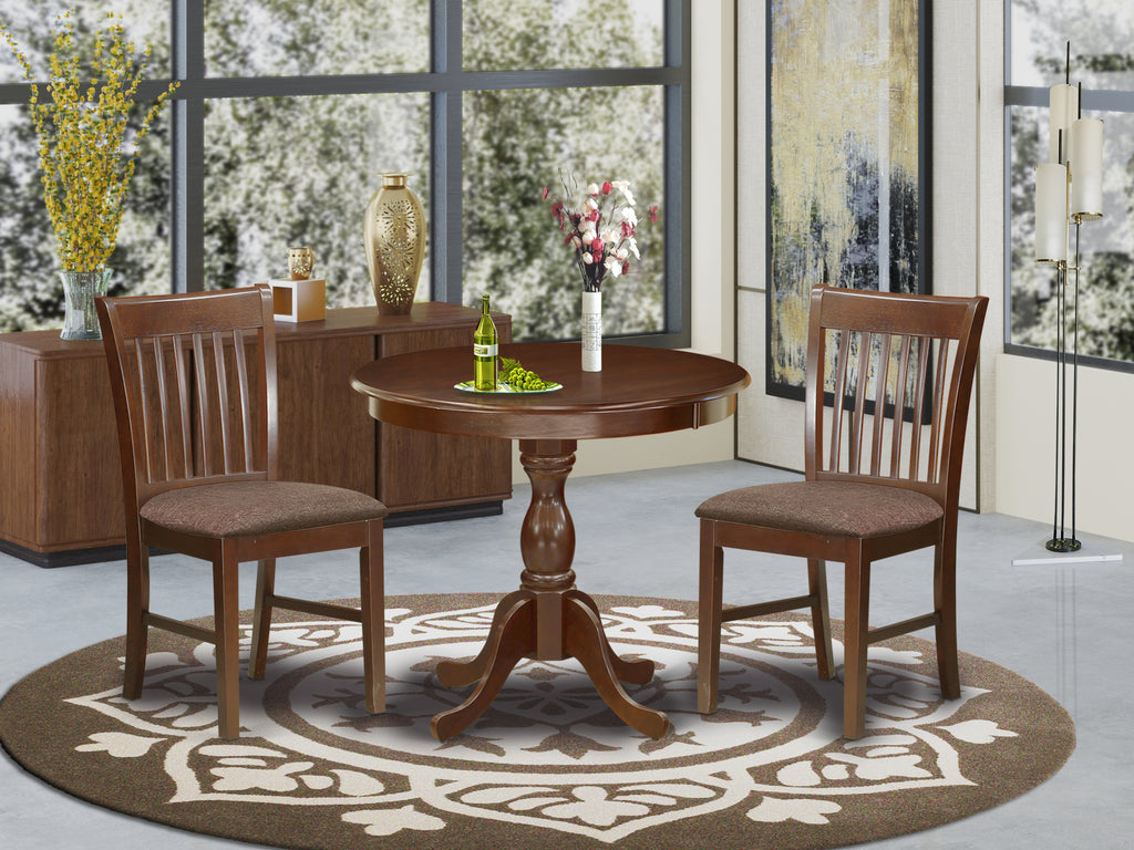 East West Furniture AMNF3-MAH-C 3 Piece Kitchen Table & Chairs Set Contains a Round Dining Room Table with Pedestal and 2 Linen Fabric Upholstered Chairs, 36x36 Inch, Mahogany