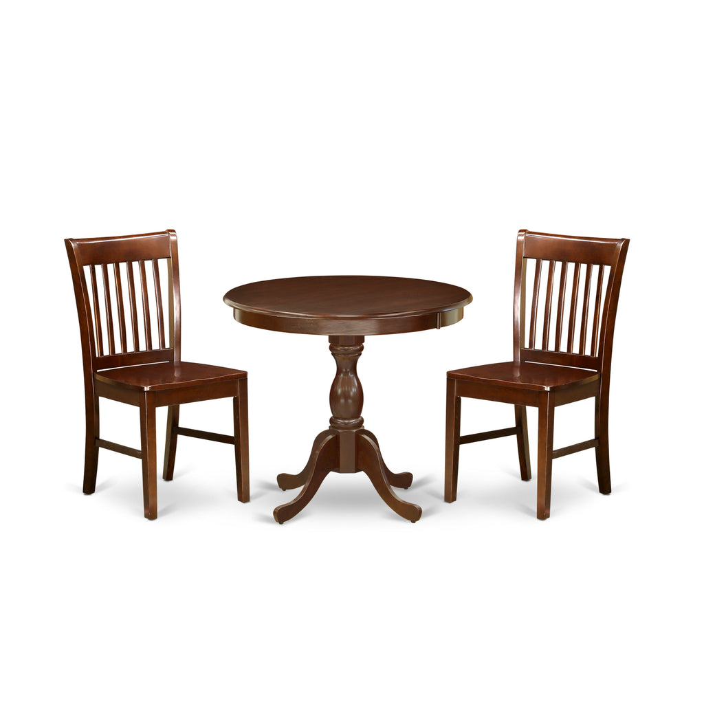 East West Furniture AMNF3-MAH-W 3 Piece Dinette Set for Small Spaces Contains a Round Kitchen Table with Pedestal and 2 Dining Chairs, 36x36 Inch, Mahogany