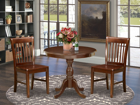 East West Furniture AMNF3-MAH-W 3 Piece Dinette Set for Small Spaces Contains a Round Kitchen Table with Pedestal and 2 Dining Chairs, 36x36 Inch, Mahogany