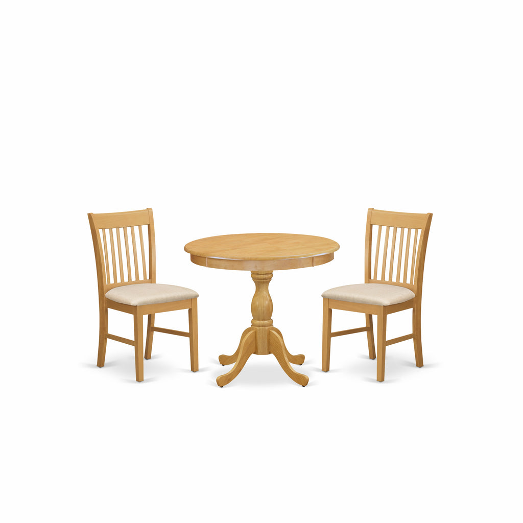 East West Furniture AMNF3-OAK-C 3 Piece Modern Dining Table Set Contains a Round Kitchen Table with Pedestal and 2 Linen Fabric Kitchen Dining Chairs, 36x36 Inch, Oak