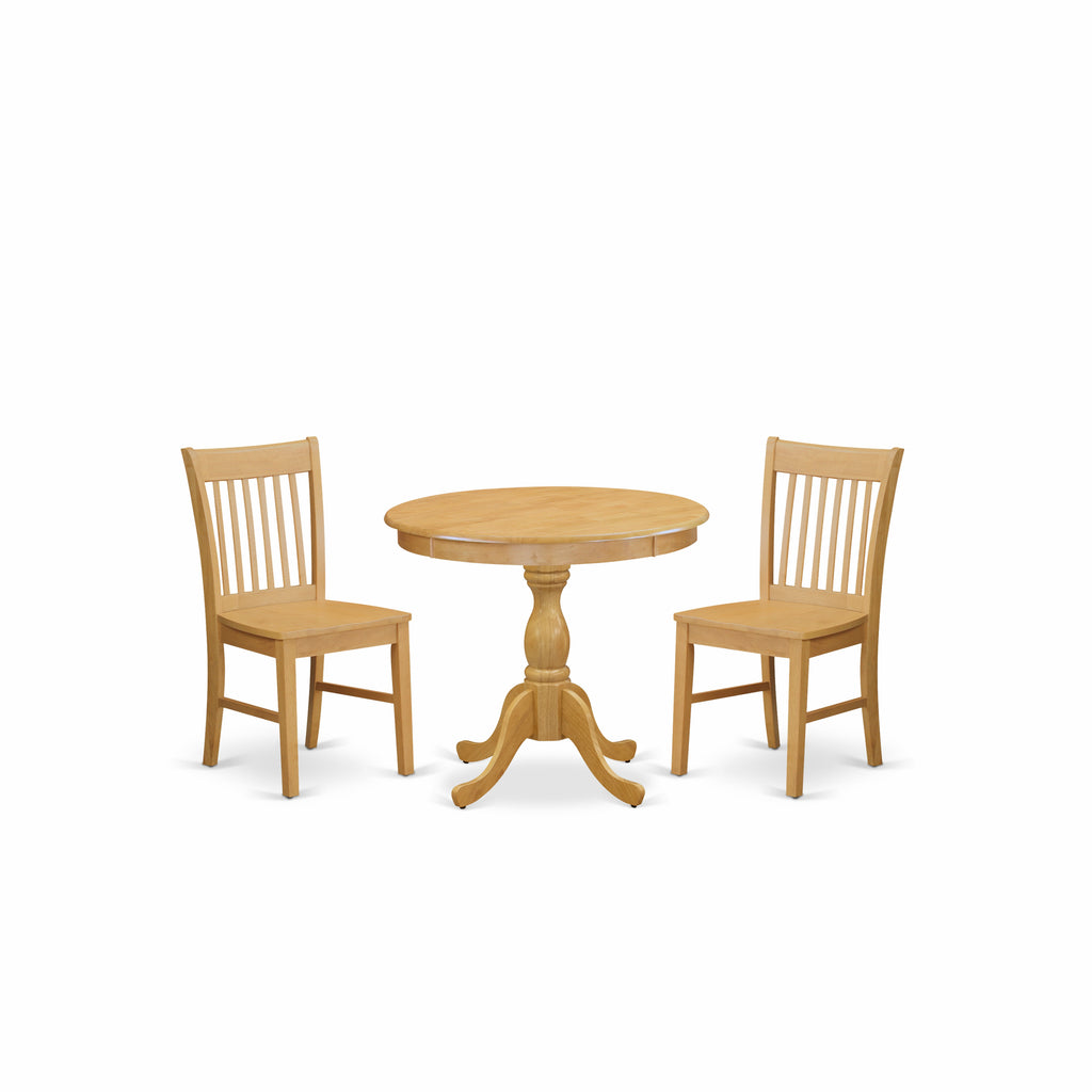 East West Furniture AMNF3-OAK-W 3 Piece Dining Table Set for Small Spaces Contains a Round Kitchen Table with Pedestal and 2 Kitchen Dining Chairs, 36x36 Inch, Oak