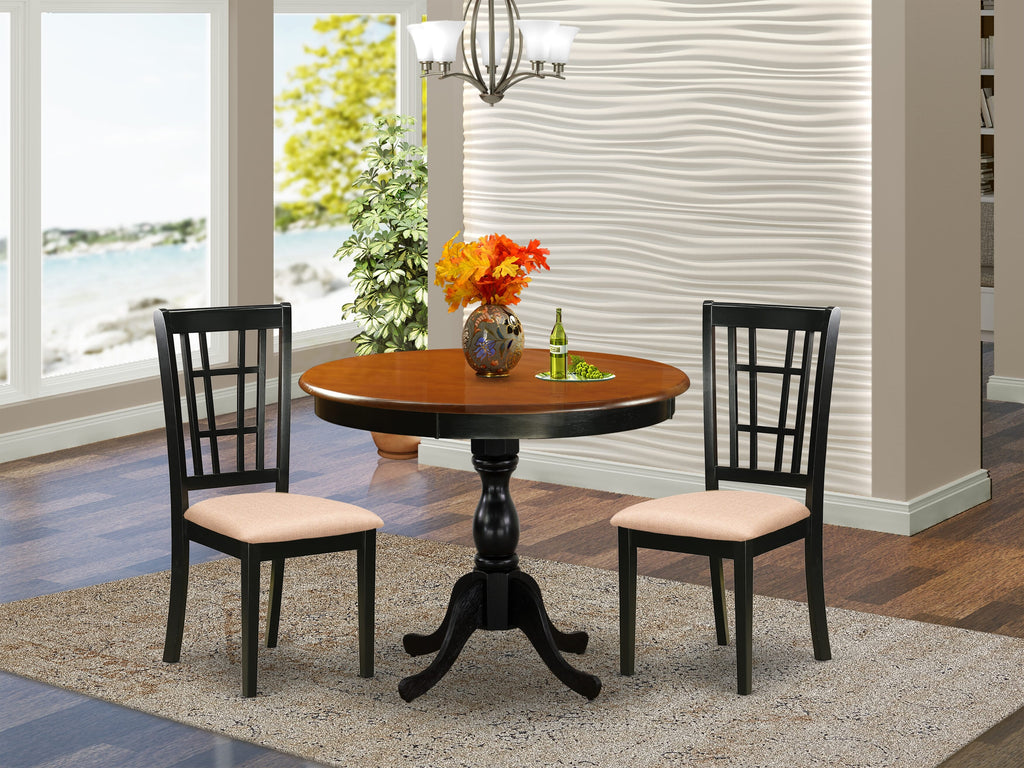 East West Furniture AMNI3-BCH-C 3 Piece Dinette Set for Small Spaces Contains a Round Kitchen Table with Pedestal and 2 Linen Fabric Upholstered Dining Chairs, 36x36 Inch, Black & Cherry