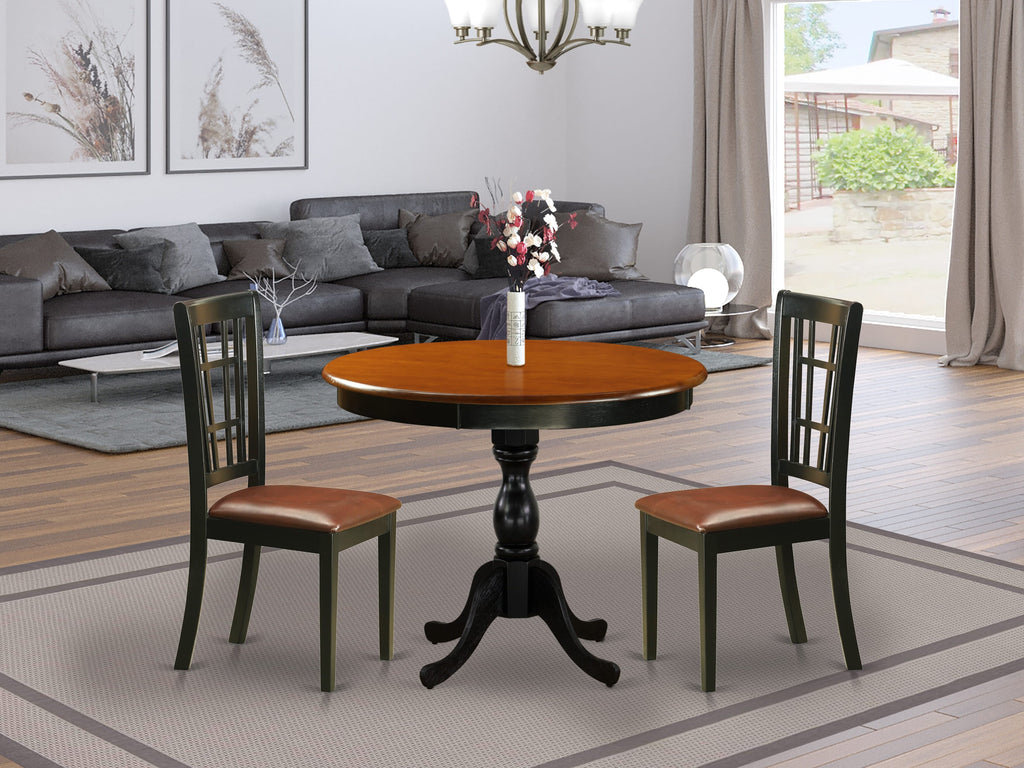 East West Furniture AMNI3-BCH-LC 3 Piece Dining Room Furniture Set Contains a Round Dining Table with Pedestal and 2 Faux Leather Upholstered Chairs, 36x36 Inch, Black & Cherry