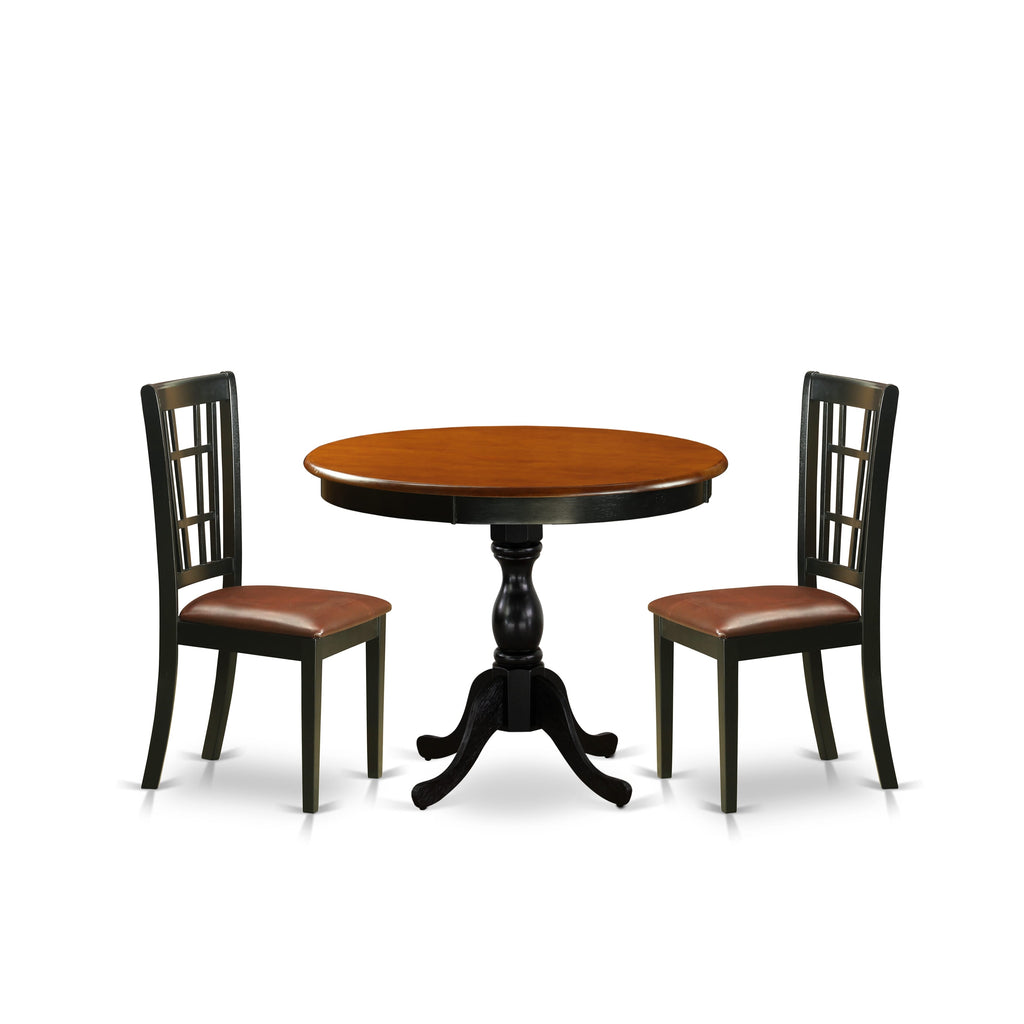 East West Furniture AMNI3-BCH-LC 3 Piece Dining Room Furniture Set Contains a Round Dining Table with Pedestal and 2 Faux Leather Upholstered Chairs, 36x36 Inch, Black & Cherry