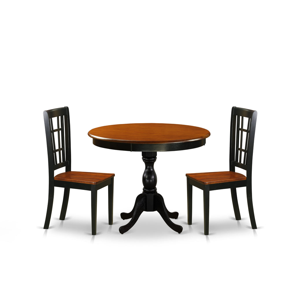 East West Furniture AMNI3-BCH-W 3 Piece Kitchen Table Set for Small Spaces Contains a Round Dining Table with Pedestal and 2 Dining Room Chairs, 36x36 Inch, Black & Cherry