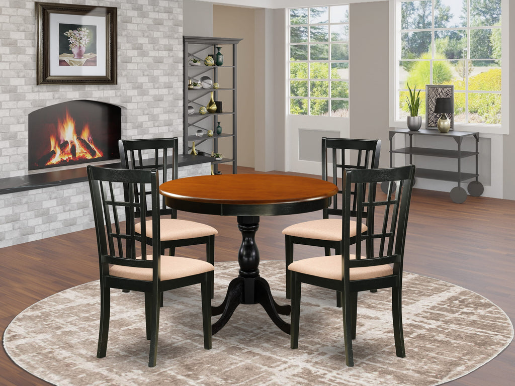East West Furniture AMNI5-BCH-C 5 Piece Dining Set Includes a Round Kitchen Table with Pedestal and 4 Linen Fabric Upholstered Dining Chairs, 36x36 Inch, Black & Cherry