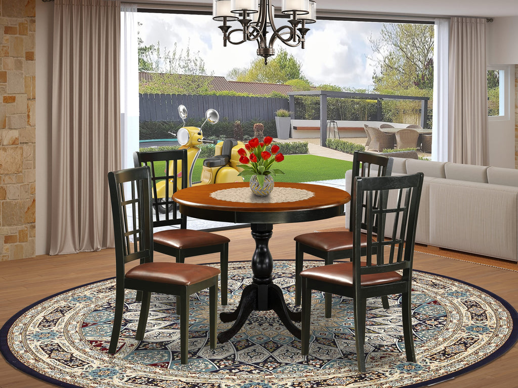 East West Furniture AMNI5-BCH-LC 5 Piece Dining Table Set for 4 Includes a Round Kitchen Table with Pedestal and 4 Faux Leather Dining Room Chairs, 36x36 Inch, Black & Cherry