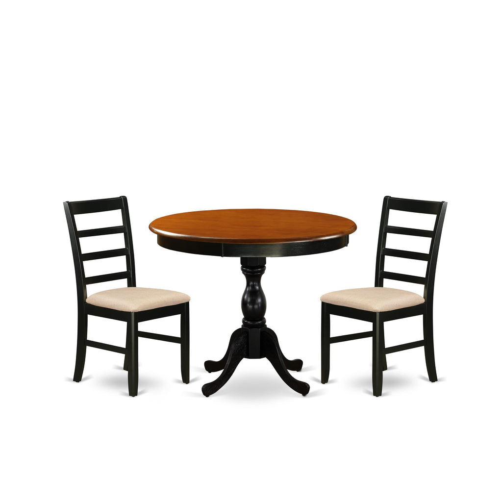 East West Furniture AMPF3-BCH-C 3 Piece Dining Table Set for Small Spaces Contains a Round Kitchen Table with Pedestal and 2 Linen Fabric Upholstered Chairs, 36x36 Inch, Black & Cherry